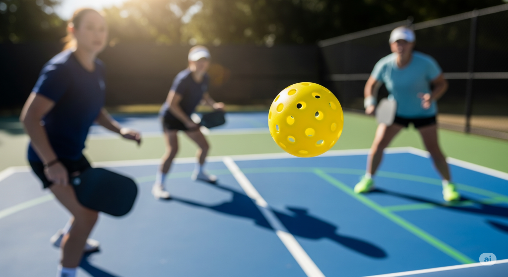  Image of a pickleball slow-motion replay showing the ball in mid-air. Slow motion replay of a pickleball dink shot during the live stream